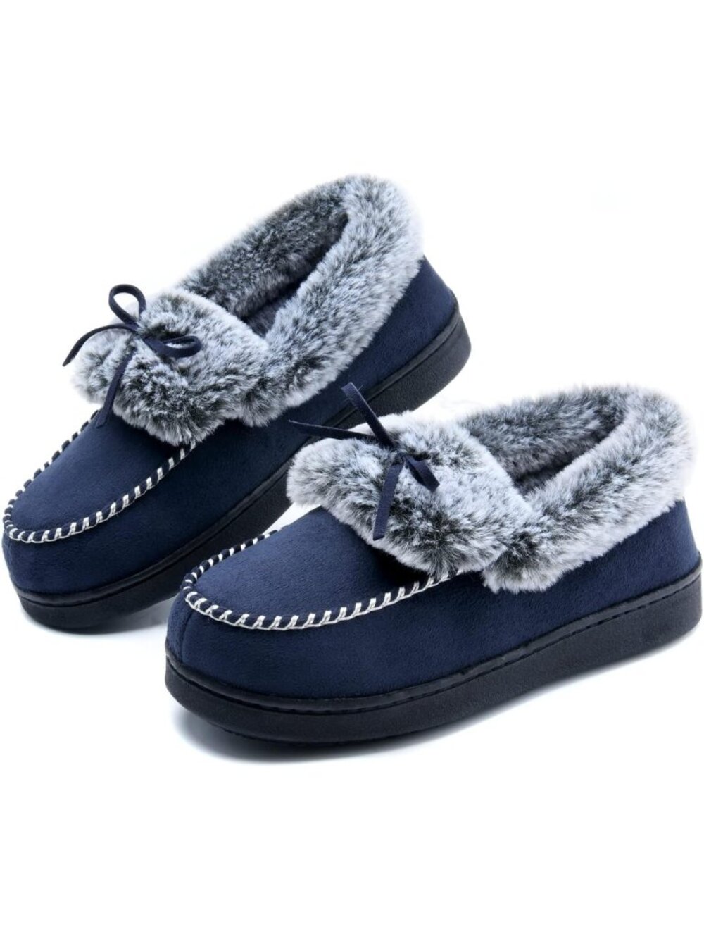 Women's Navy Fuzzy Warm Moccasin Memory Foam Soft Fluffy Closed Back Slippers